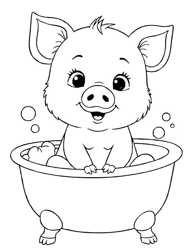 Baby pig bathing in a tub coloring page